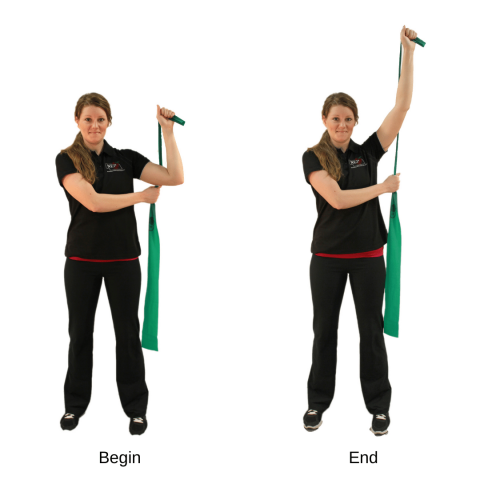using a resistance band for the single arm shoulder press exercise